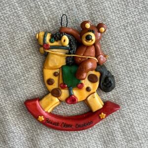 Vintage Beaver Creek, CO Bear on Rocking Horse Clay Christmas Ornament